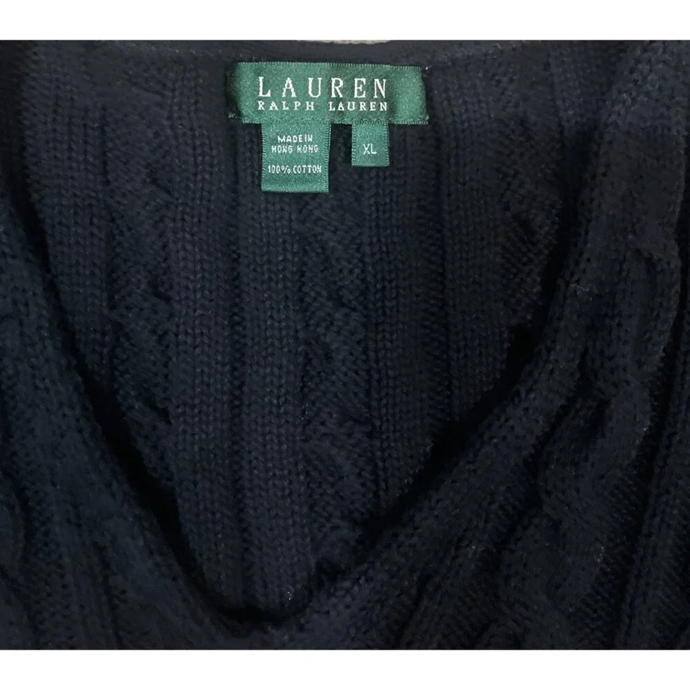 Lauren Ralph Lauren Womens Black Cable Knit V-Neck Sweater XL Comfort Warm Style